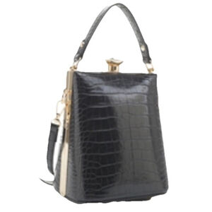 Alyssa Satchel Purse Handbag Vegan Black Croc Embossed Patent Shoulder Bag